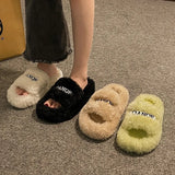 Plush Slippers Women Wear High-Level Spring And Autumn Leisure Home Thick Embroidery A Word Hairy
