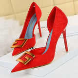 Shoes Red Green Black Woman Pumps Metal Square Buckle Women Heels Sexy Banquet Shoes Pointed Toe Stiletto Plus Size