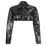 Cloth Forget Street Locomotive Wind Letter Print PU Leather Spliced Short Jacket Work Clothes Casual Leather