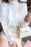 Ruffle Lace Chiffon Shirt Spring Sweet Chic Long Puff Sleeve Women Blouse Apricot Tops Stand Collar Clothes Blusas