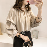 New Korean Version Of Temperament Word-Collar Shoulder Chiffon Shirt Women Loose Bubble Tops Thin Solid Color Bottom