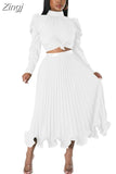 Women Sets Two Piece Set O-Neck Long Lantern Sleeve Top And Elegant Pleated Long Skirt High Streetwear Casual Beach