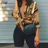 Spring Women Elegant Party Loose Button Shirt Turn-down Collar Female Leopard Print Knot Front Long Sleeve