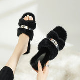 And Winter New Hairy Shoes With Plush Warm Metal Plus Plush Outside Wearing Flat-Bottom Slippers Women's Foot