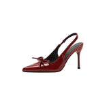 Women 2025 Summer New Sexy Pointed Wine Red Bow Bow Head Thin Heeled French