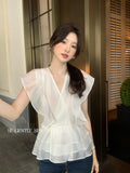 Xixi 13 Lines 2025 Summer New Korean Version Of Temperament Chiffon Shirt V-Necked Leaf Sleeve Top Female