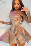 Fashion Chic Bling Glitter Long Sleeve Club Party Dress Mini Backless Hollow Out Sexy Dress Women Autumn Pleated