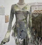 Shooting Ribbon Mesh Yarn Leaf Side Retro Print V Collar Horn Sleeve Top Spring And Summer Short Repair T-Shirt