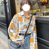 Shirts Women Long Sleeve Print Ulzzang Cat Turn-down Collar Students Designed Womens Korean Style with Buttons