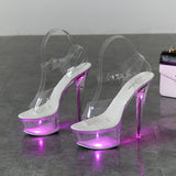Zingj 34-43 Sexy Super High Heels Luminous Thin Heel Waterproof Platform Sandals Transparent Model Crystal Shoes Wedding