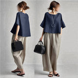 Women's Clothing Japan And South Korea 2025 Summer New Round Necker Mid-Sleeve Top + Two Sets Of Bags Of Broad Leg Trousers On Both