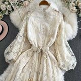 Stand-Up Single Buckle Heavy Industry Hook Flower Embroidery Lantern Sleeve With A Long Dress With A Big
