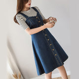 Large Size S-5XL Women Denim Dress Summer High Waist Single Breasted Blue Jeans Suspenders Midi Dress Casual Cotton