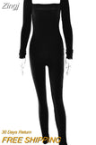 Women Ribbed Knit Yoga Jumpsuits Long Sleeve Square Neck Bodycon Jumpsuit One-Piece Workout Sports Outfits