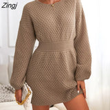 PETAL Honeycomb Knit Brown Sweater Dress Woman Casual Long Sleeve Long Sweater Dress 2023 Autumn Winter Pullovers