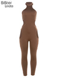 Fashion Hollow Fitness Jumpsuits Women Sleeveless Skinny Elastic Halter One Piece Playsuits Female Workout