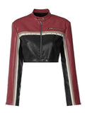 Spring Autumn Cool Patchwork Crop Pu Leather Jacket Women Long Sleeve Luxury Designer Clothes Runway European