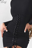 Fashion Patchwork Lace Up Bodycon Black Dress Female Long Sleeve Clubwear Party Dress Bandage Autumn Dresses