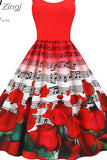 Music Note Print Women Party Dress Summer Spaghetti Strap Black Slim Vintage A-line Robe Valentine's