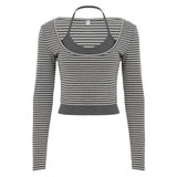 U-Shaped Low-Neck Two-Piece Striped T-Shirt Hanging Neck Vest 2025 Fashion-Colored Knitted