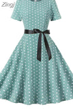 White Polka Dot Vintage Dress Summer Women Floral Print Short Sleeve Retro Robe Rockabilly Dresses Party