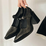 Mary Jane High Heels Retro With Pointed Single Shoes Women's Autumn And Winter Black Coarse Leather
