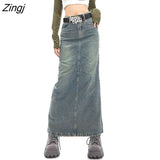 Denim Skirts Women Autumn American Retro Streetwear Y2k College Young Girls Chic Long Faldas Sexy Mujer Straight