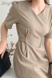 Solid A-line Maxi Dresses for Women Apricot V-neck Short Sleeve Elegant Dress Bow Female Chic Korea Vestidos Summer
