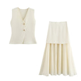 New Gold Button Knitted Vest Small Folding Splicing Skirt