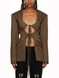 Zingj Spring Fashion Sexy V-Shaped Tie Hollow Out Waist Irregular Splicing Design Sense Suit Jacket