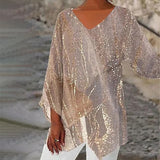 Women's Clothing 2025 Summer New T-Shirt Casual Loose Irregular Print Long-Sleeved V-Neck