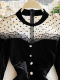 Women Black Mesh Patchwork Velvet Party Dress Elegant Stand Collar Flare Long Sleeve Ruffle Mermaid Robe Female 2023
