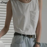 Colors Tanks Women Pockets Basic Simple Korean Style Chic Trendy Ulzzang All-match Female Crop Top Summer Teen College BF