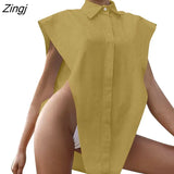 Female Shirt Fashion Sexy Solid Color Turn-Down Collar Sleeveless Tops 2023 Streetwear
