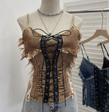 Shooting Do The Old Fur Side Of The Denim Splicing Pu Skin Lace Sling Vest Short Without Sleeve Top