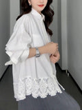 Design Lace Spliced White Shirt Women's Spring And Autumn And Winter Fat Mm Loose Thin Inside Stacked