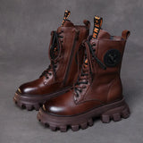 Layer Of Cowhide Autumn And Winter Plus Velvet Warm New Baibian Cake Bottom Cylinder Zipper Locomotive Boots Martin Boots