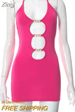 Halter Sexy Lace Up Mini Dress Party Club Outfit Cut Out Metal Ring Ties Bodycon Dresses Summer Chic Harajuku