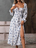 Print Dress Women Boho Elegant Lace Up Side Splits Dresses Ladies Casual Sexy Square Neck Long Sleeve Dress Beach