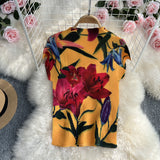 Zingj Suit Female Light Ripe Wind Short Sleeve Standing Collar Slim Print Pleated Top Two-Piece High Waist Show Slim Wide Leg