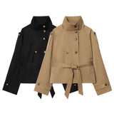 Women's Fashion Trench Coat Women's Double Buckle Stand-In Autumn Long-Sleeved Waist Jacket