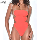 Summer Sexy Hollow Out Women Bodysuit Black Spaghetti Strap Solid Bodysuits Female Bodycon Swimming Party Clubwear