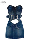 Women's Summer Denim Two Piece Set Suit Zipper Short Sleeve Strapless Crop Top Mini Skirt Shorts Y2k Vintage Streetwear