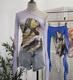 One-Shoulder Horn Long-Sleeved Mesh Yarn-Print T-Shirt With Short Tight Top