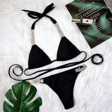 Zingj New Bikini Bandage Cross Bikini Solid Color Metal Diamond Swimsuit Sexy Female