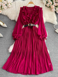 Vintage Women Pleated Long Dress Red/Purple/Yellow V-Neck Ruffle Puff Sleeve Draped A-Line Vestidos Female New