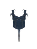 Blue Denim Tank Top for Women Sleeveless Off Shoulder Y2k Bandage Lace Up Crop Tops Vintage Korean Fashion T-shirts