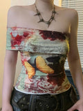 Cloth Forgets Ancient Butterfly Tie-Dye Print Shoulder Asymmetric Tsets Hottie Wind Tight Short