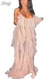 Sexy Mesh Beach Maxi Dresses Women Spaghetti Strap Ruffle Robe Swimwear Summer New Fashion Backless Swimsuit Cover