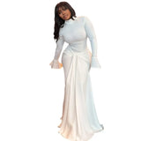 Autumn And Winter Women's New Fashion Pure Color Horn Long Sleeves Crepe Strapped With Hip